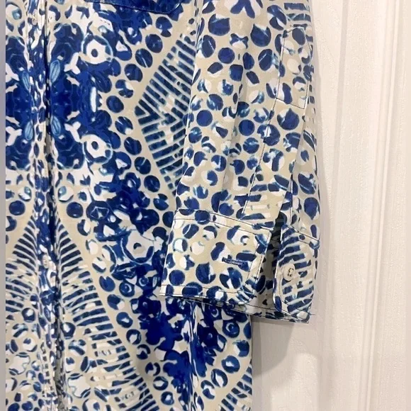 CAbi blue Jewel print button up shirt dress style # 422 roll tab sleeves… - Picture 6 of 11